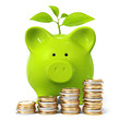 Green piggy bank with plant and coin stacks