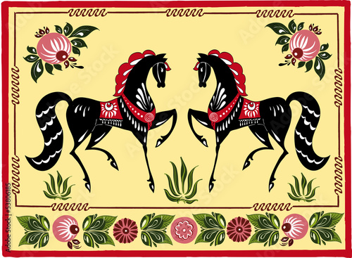 rosyjski-ornament-z-dwoma-czarnymi-konmi-w-stylu-gorodeckim