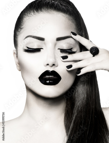 Lacobel Black and White Brunette Girl Portrait. Trendy Caviar Manicure