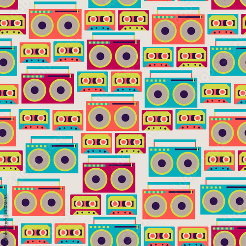 Lacobel Seamless pattern with tape recorders and audio cassette.