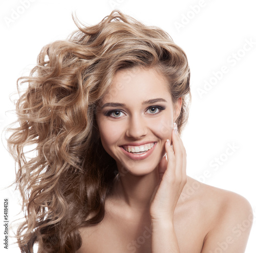 Fototapeta Beautiful smiling woman portrait on white background