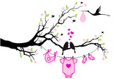 baby girl with birds on tree  vector