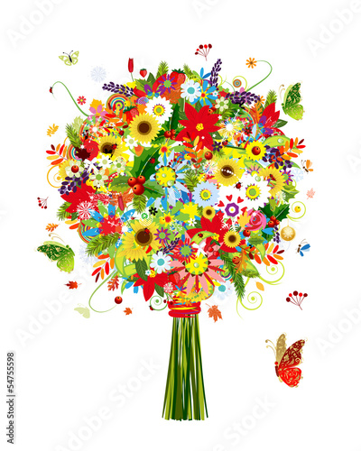  Four seasons bouquet with leaf and flowers for your design