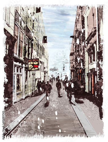  Illustration of city street. Watercolor style.