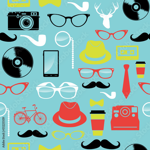  Colorful retro hipsters icons seamless pattern.