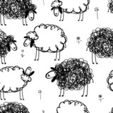 Black and white sheeps on meadow  seamless pattern for your