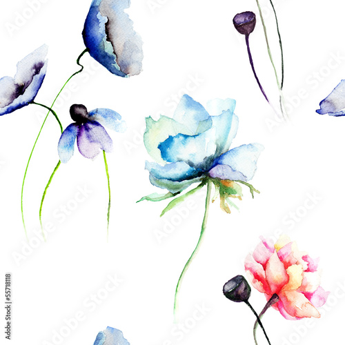 Fototapeta Stylized blue and red flowers