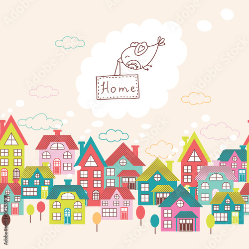  Houses seamless ornament. Cute vector background with doodle cit