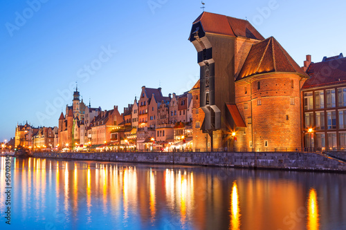 Lacobel Old town of Gdansk with ancient crane at night, Poland