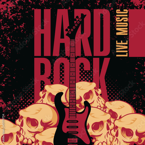 Fototapeta banner with a guitar human skulls and the words hard rock