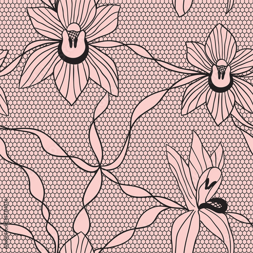 czarnej-koronkowej-wektorowej-tkaniny-bezszwowy-wzor-z-orchideami