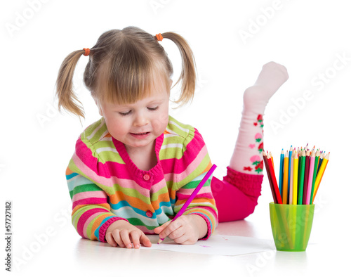  cute child drawing with colorful pencils