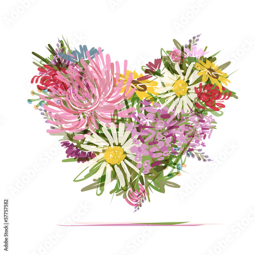  Floral summer bouquet, heart shape for your design