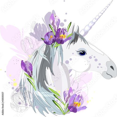 Unicorn with purple flowers
