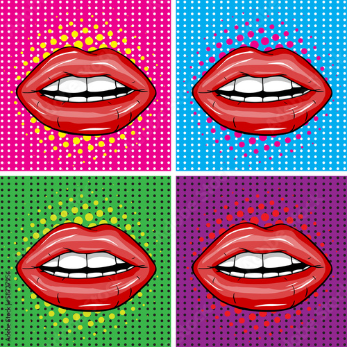Fototapeta Sexy wet red lips with teeth pop art set backgrounds