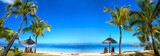Tropical beach panorama with chairs and umbrellas poster