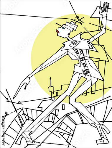Fototapeta •	Abstract girl standing on the roof .City background.Vector