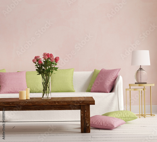 Fototapeta Pink Provence style, romantic interior living room