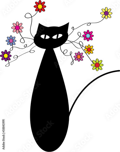 Fototapeta funny vector cartoon cat with flowers
