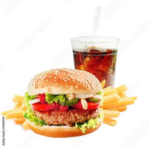 Fototapeta Hamburger with iced soda drink