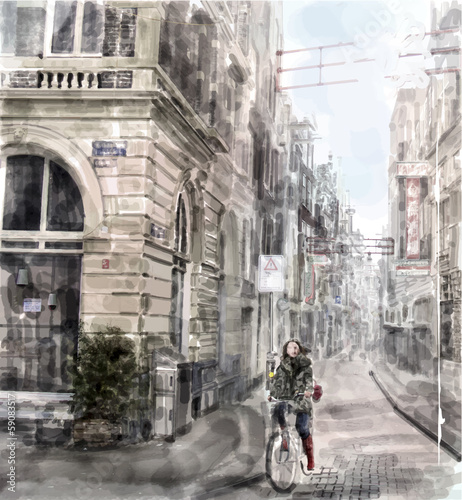 Lacobel Illustration of city street. Girl riding on the bicycle. Water