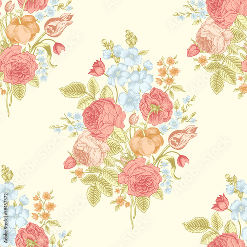 Fototapeta Seamless vector vintage pattern with Victorian bouquet