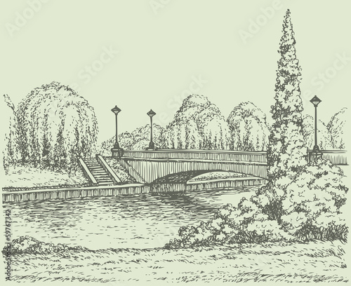  Vector landscape. Park trees at the river bridge with lanterns