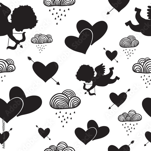 Fototapeta Love cupids hearts arrows and clouds seamless pattern