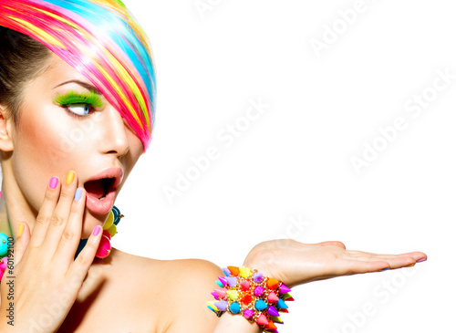  Beauty Woman with Colorful Makeup, Hair, Nails and Accessories