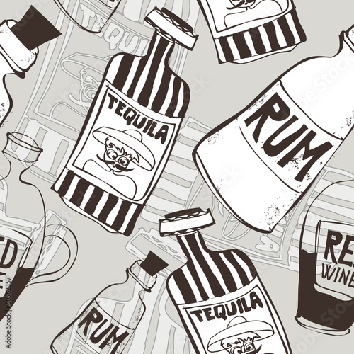  seamless background with tequila, rum and wine bottles