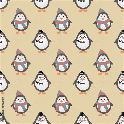  Cute Hipster Penguins Seamless Background. Vector Illustration