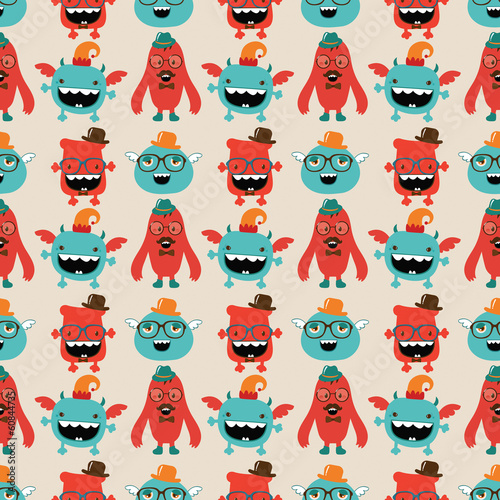 Lacobel Vector Cute Retro Hipster Monsters Seamless Pattern, Background