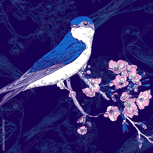  Spring cherry background with birds