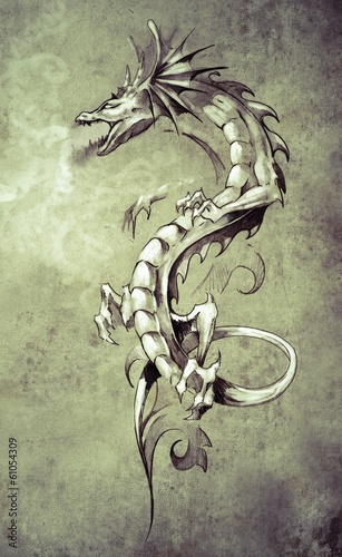 Fototapeta Sketch of tattoo art, big medieval dragon, fantasy concept