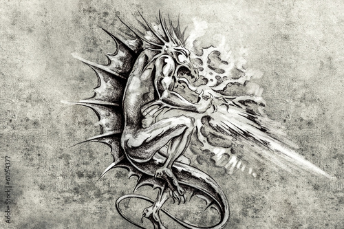  Tattoo art, sketch of a dragon burning