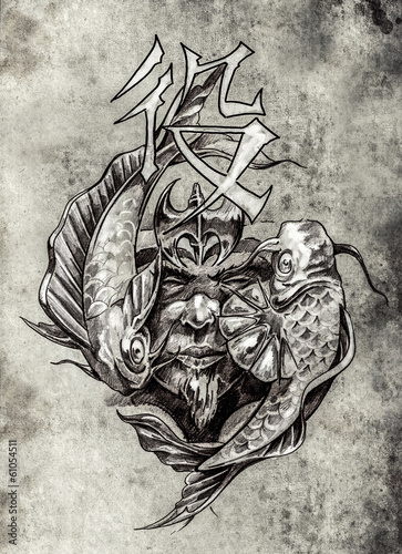 Lacobel Tattoo art, sketch of a japanese warrior in vintage style