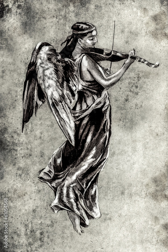 Fototapeta Sketch of tattoo art, music angel with violin