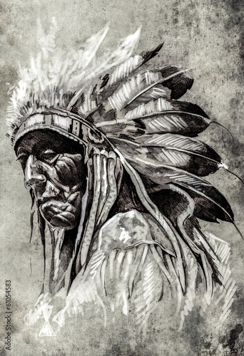 Fototapeta Sketch of tattoo art, indian head, chief, vintage style