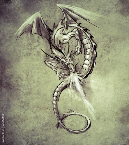  Fantasy dragon. Sketch of tattoo art, medieval monster
