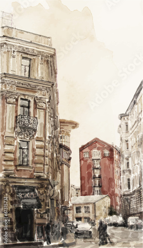 Lacobel watercolor illustration of city scape.