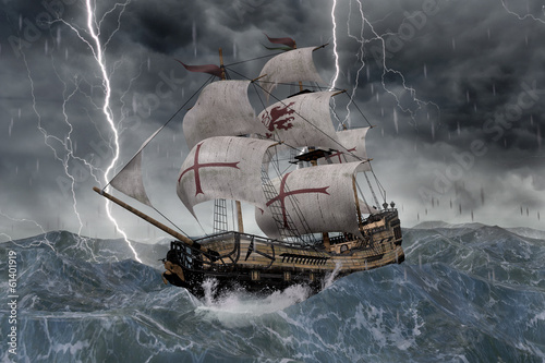 Fototapeta 3D Segelschiff Galeone in stürmischer See