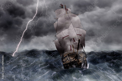 Fototapeta 3D Segelschiff Galeone in stürmischer See