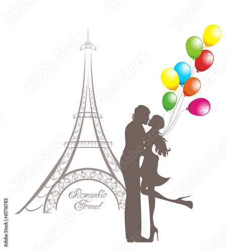 Fototapeta Honeymoon and Romantic Travel. Couple in Paris, Eiffel Tower
