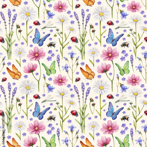 Fototapeta Wild flowers and insects illustration. Watercolor summer pattern