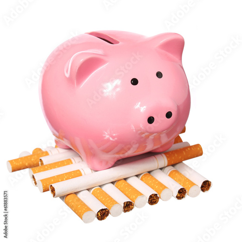 Poster Piggy Bank and Cigarettes isolated on white. Concept of Savings