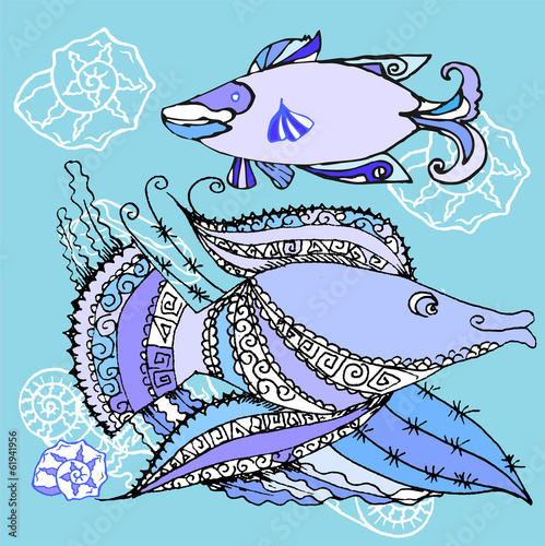 Fototapeta Blue Background with two fishes. Vector illustration