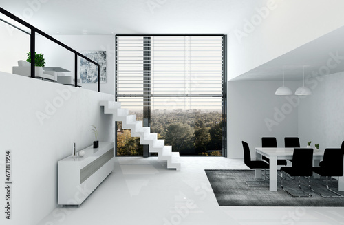 Fototapeta White loft with stair and dining table