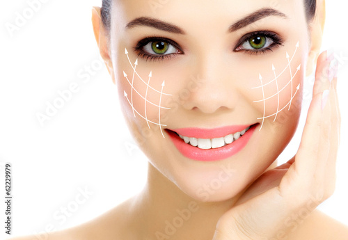  Cheerful female with fresh clear skin, white background