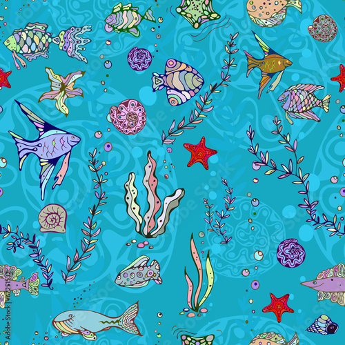 Fototapeta Sea (Fish, shells, starfish) seamless pattern