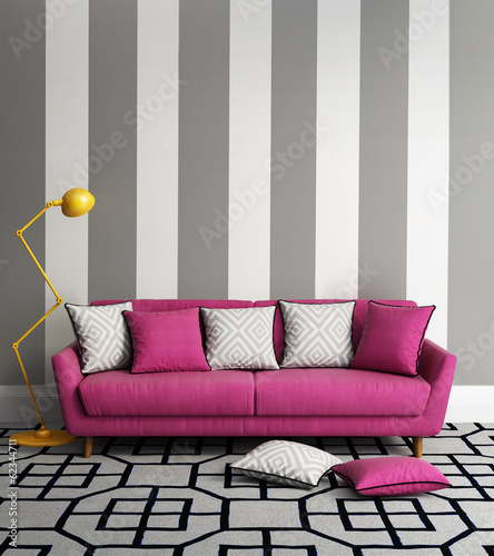 Fototapeta Fresh style, romantic interior living room with pink sofa